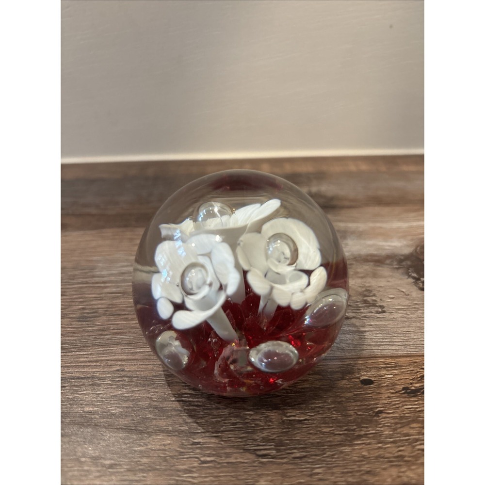 Vintage Art Glass Globe PAPERWEIGHT - White Blooms And Red Base 2" 10.5oz